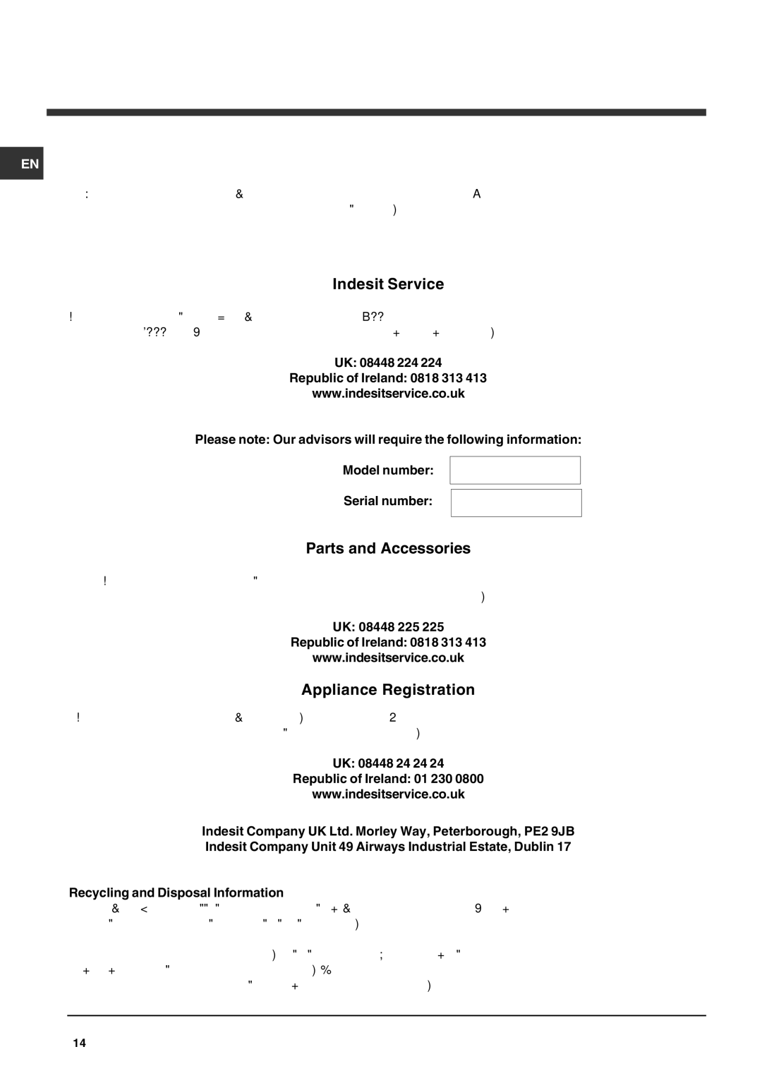 Indesit IDF 125 manual Indesit Service, Parts and Accessories, Appliance Registration 