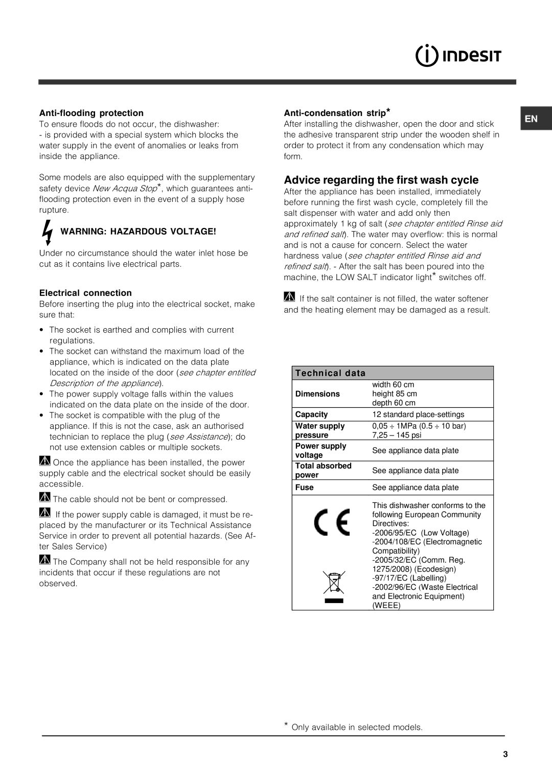 Indesit IDF 125 manual Advice regarding the first wash cycle, Anti-flooding protection, Anti-condensation strip 