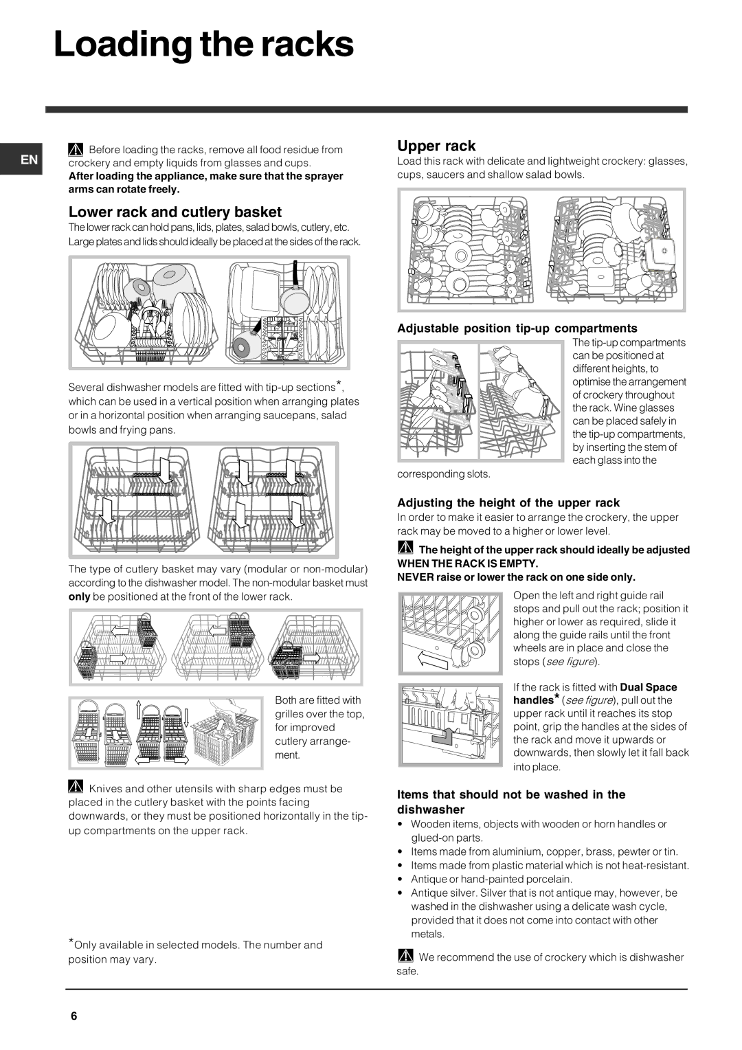 Indesit IDF 125 manual Loading the racks, Lower rack and cutlery basket, Upper rack 