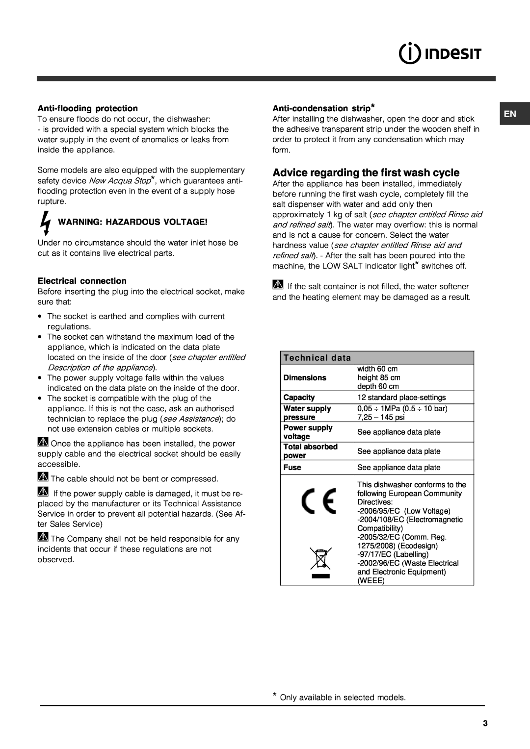 Indesit IDF 125 manual Advice regarding the first wash cycle, Technical data 