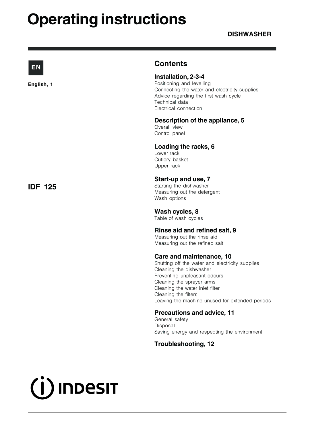 Indesit IDF125 manual Operating instructions, Contents 