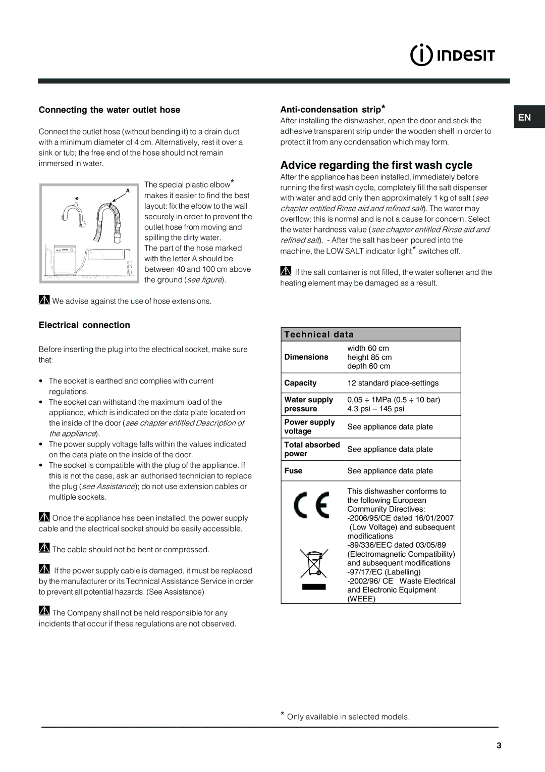 Indesit IDF125 manual Advice regarding the first wash cycle, Connecting the water outlet hose, Anti-condensation strip 