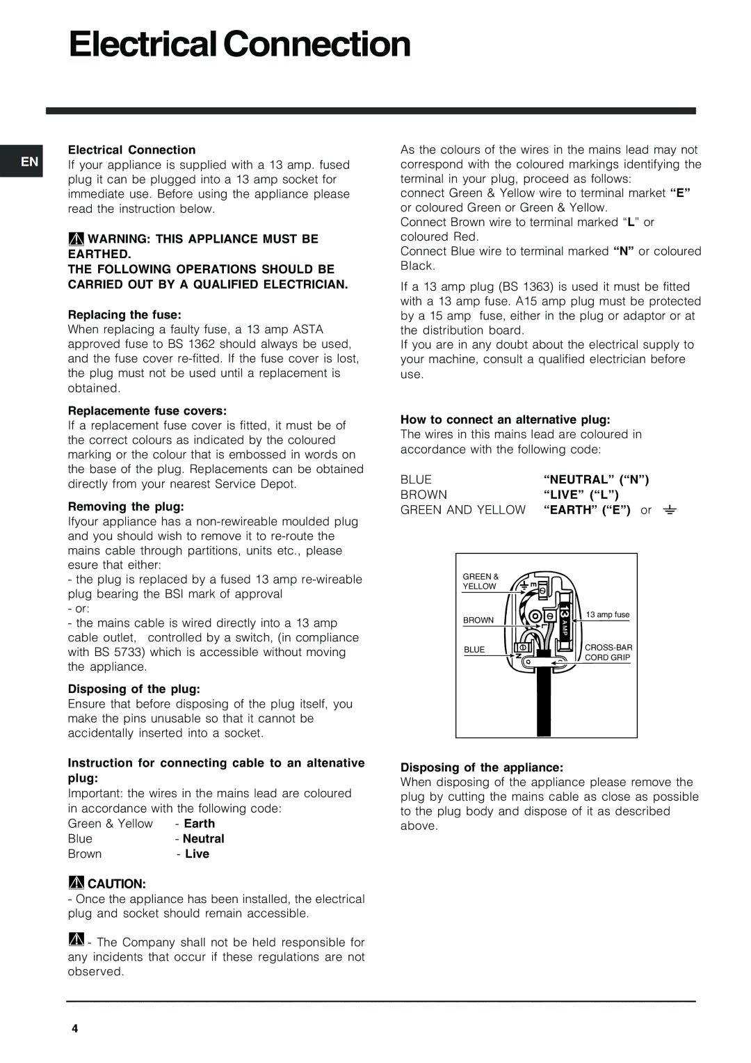 Indesit IDF125 manual Live L, Earth E or 