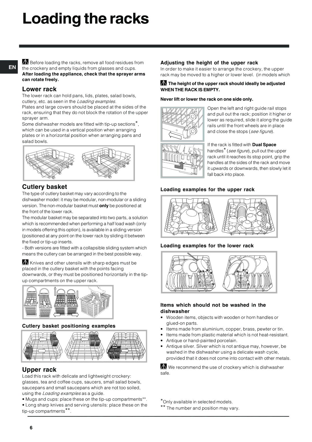 Indesit IDF125 manual Loading the racks, Lower rack, Cutlery basket, Upper rack 