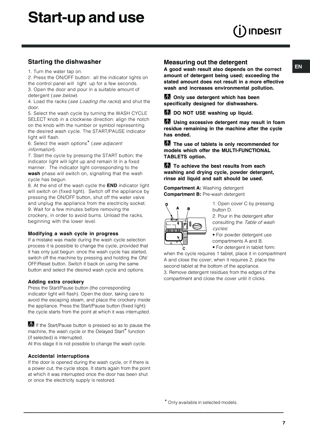 Indesit IDF125 manual Start-up and use, Starting the dishwasher, Measuring out the detergent 