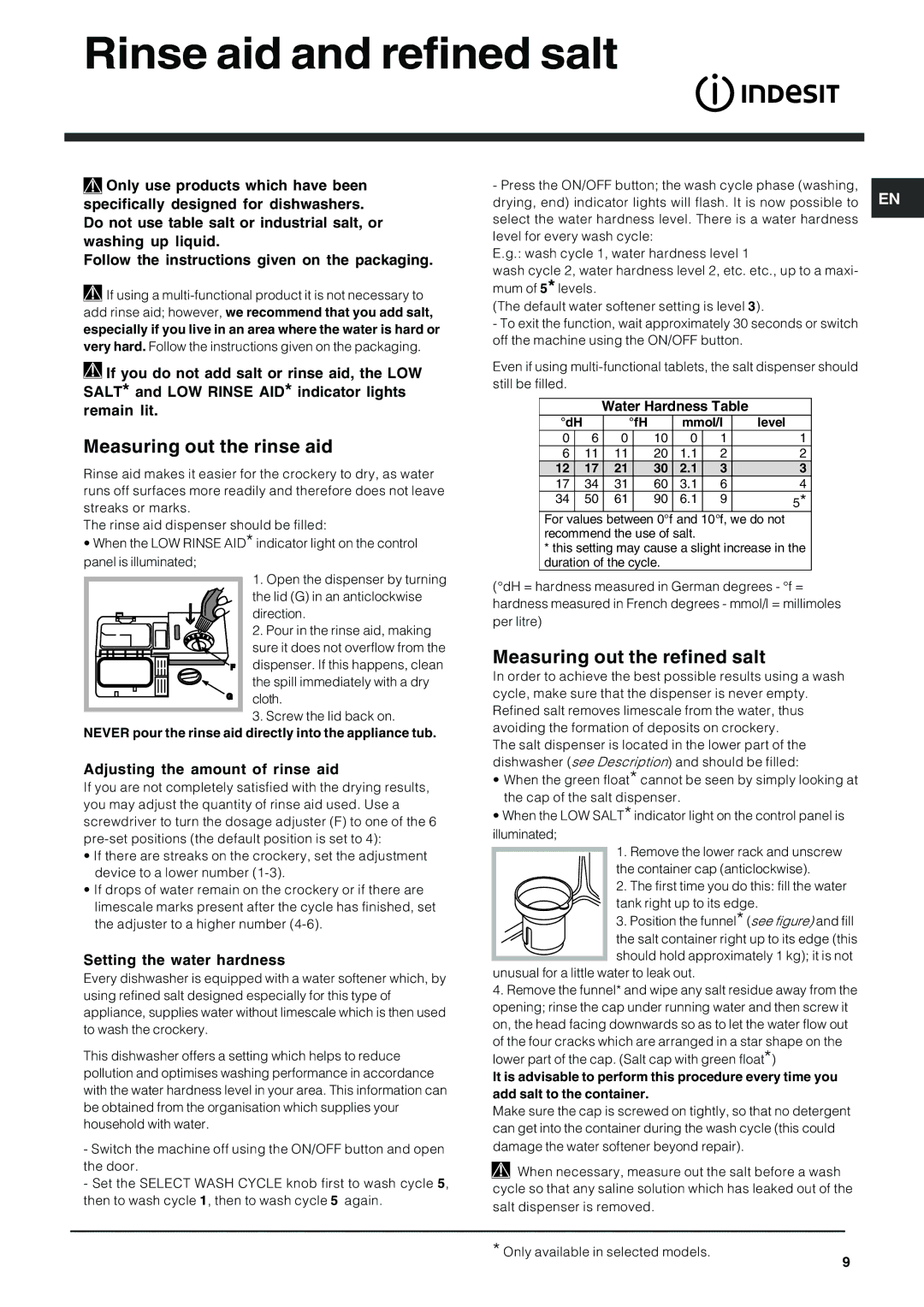 Indesit IDF125 manual Rinse aid and refined salt, Measuring out the rinse aid, Measuring out the refined salt 