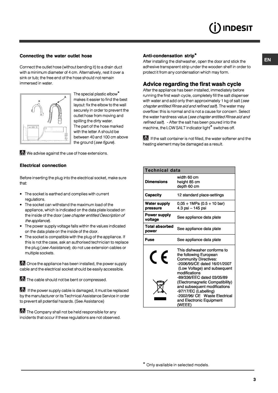 Indesit IDF125 manual Advice regarding the first wash cycle, Technical data 
