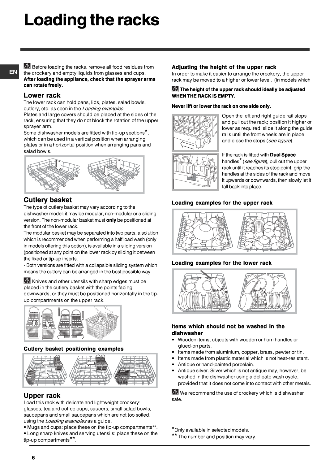 Indesit IDF125 manual Loading the racks, Lower rack, Cutlery basket, Upper rack 