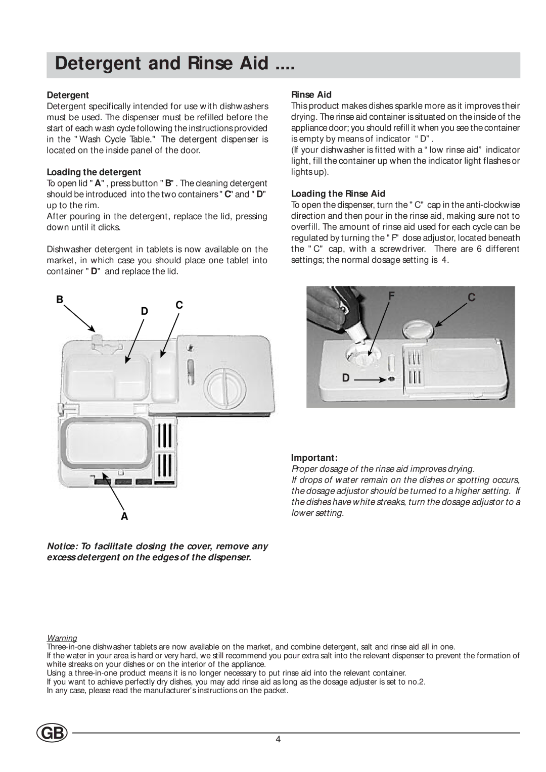 Indesit IDL 40 manual Detergent and Rinse Aid, Loading the detergent, Loading the Rinse Aid 