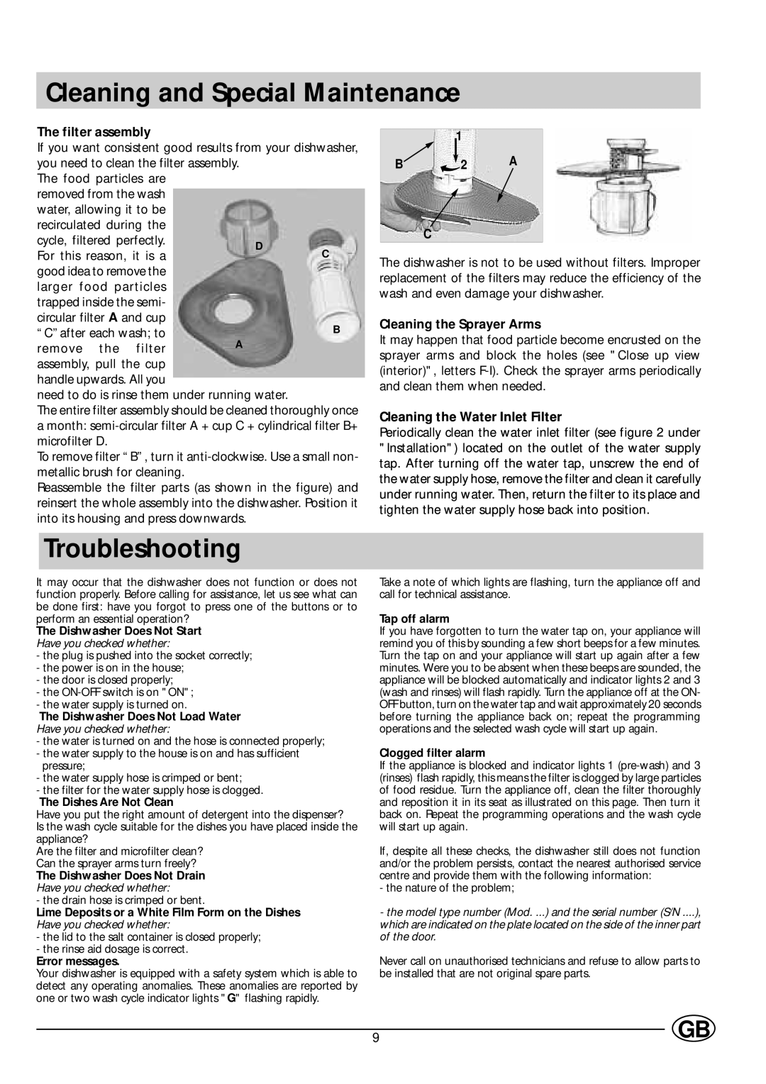 Indesit IDL 500 manual Cleaning and Special Maintenance, Troubleshooting, Filter assembly, Cleaning the Sprayer Arms 