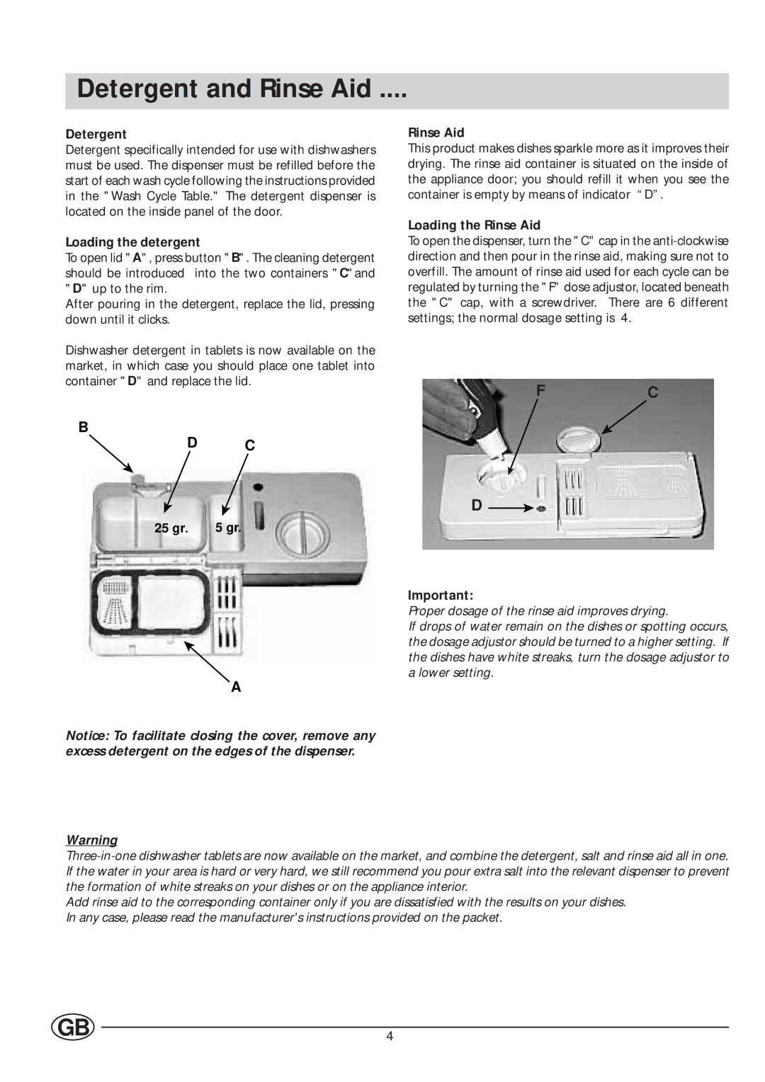 Indesit IDL 500 manual Detergent and Rinse Aid, Loading the detergent, Loading the Rinse Aid 