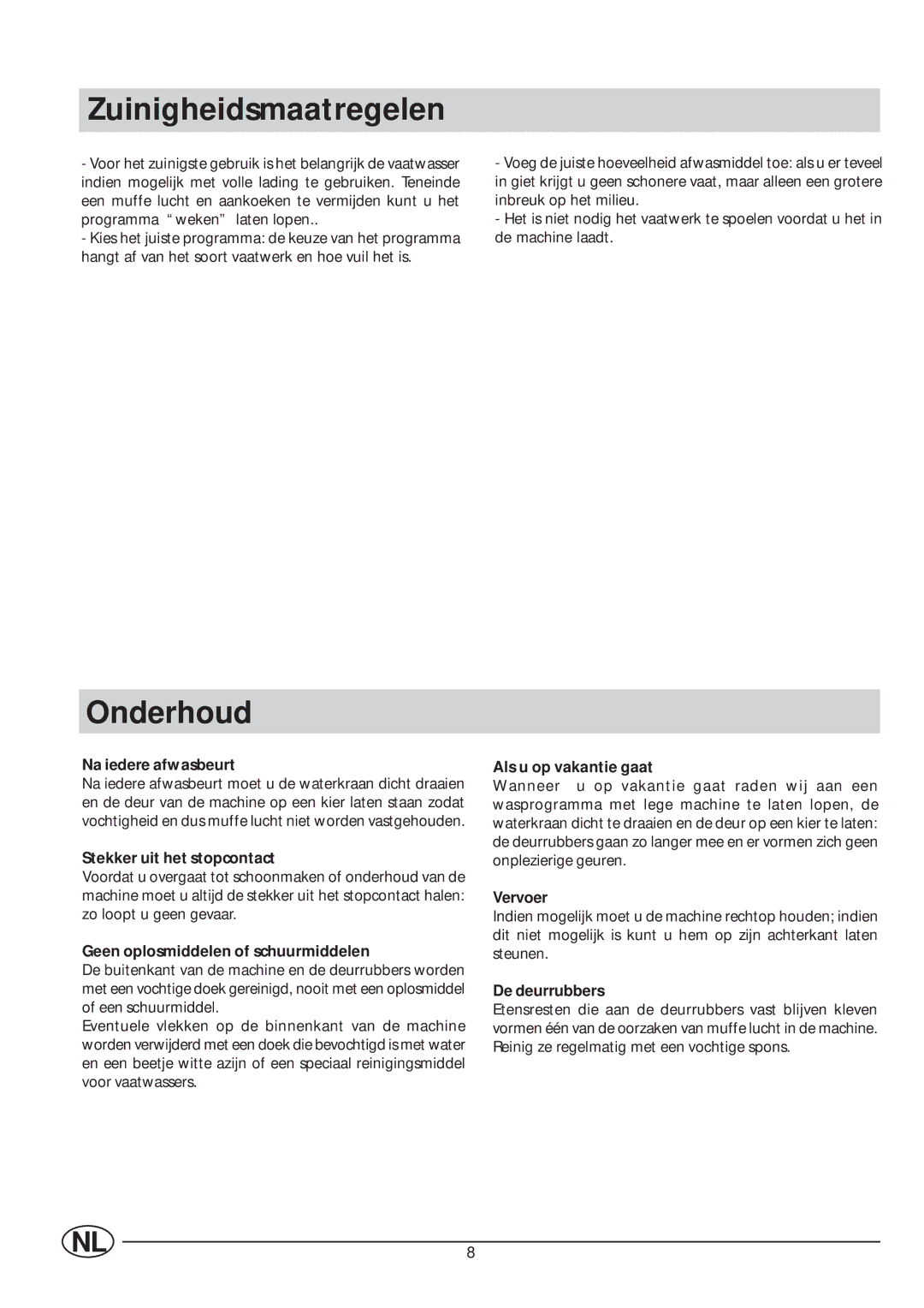 Indesit IDL 63 manual Zuinigheidsmaatregelen, Onderhoud 