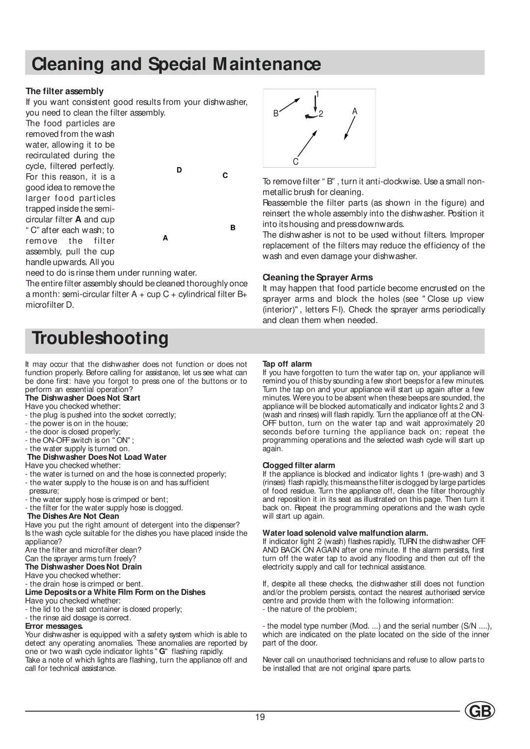 Indesit IDL 63 manual Cleaning and Special Maintenance, Troubleshooting, Filter assembly, Cleaning the Sprayer Arms 