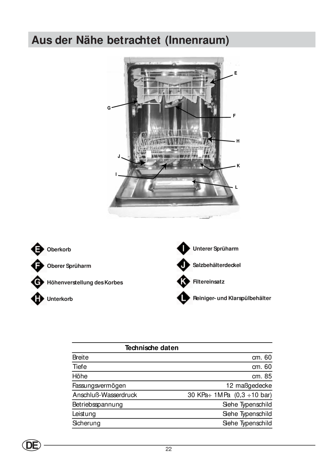 Indesit IDL 63 manual Aus der Nähe betrachtet Innenraum, Technische daten, Reiniger- und Klarspülbehälter 