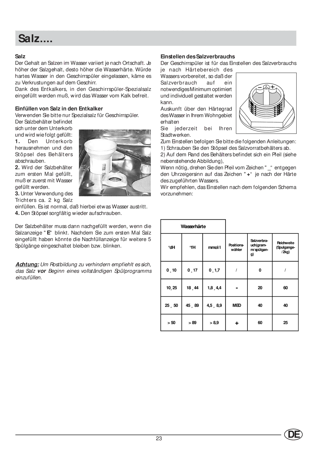 Indesit IDL 63 manual Einfüllen von Salz in den Entkalker, Einstellen des Salzverbrauchs 