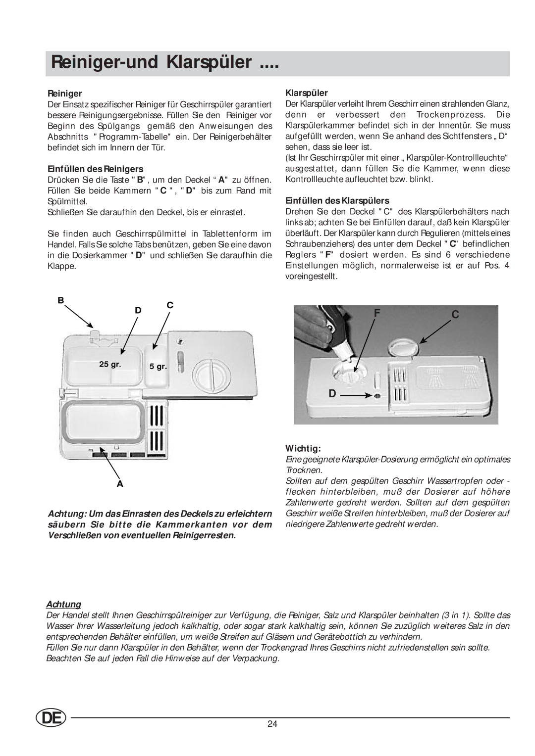 Indesit IDL 63 manual Reiniger-und Klarspüler 