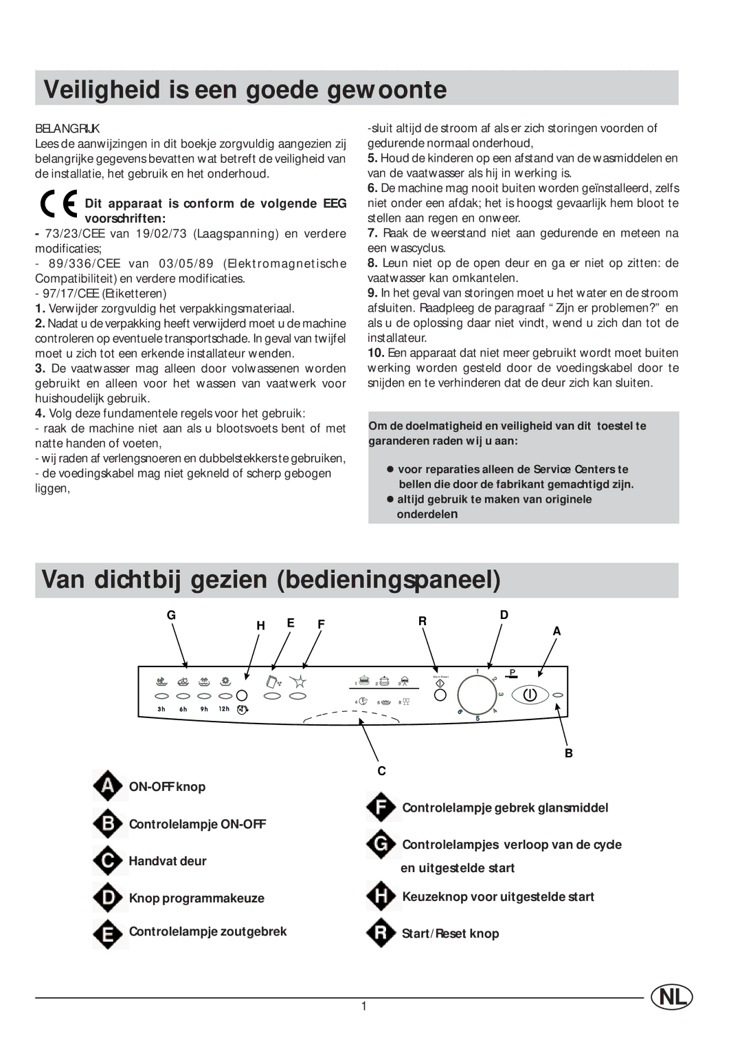 Indesit IDL 63 manual Veiligheid is een goede gewoonte, Van dichtbij gezien bedieningspaneel 