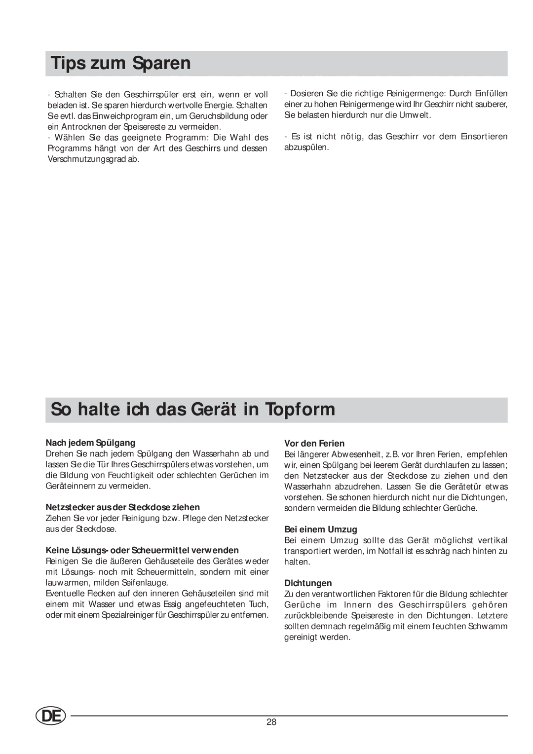 Indesit IDL 63 manual Tips zum Sparen, So halte ich das Gerät in Topform 