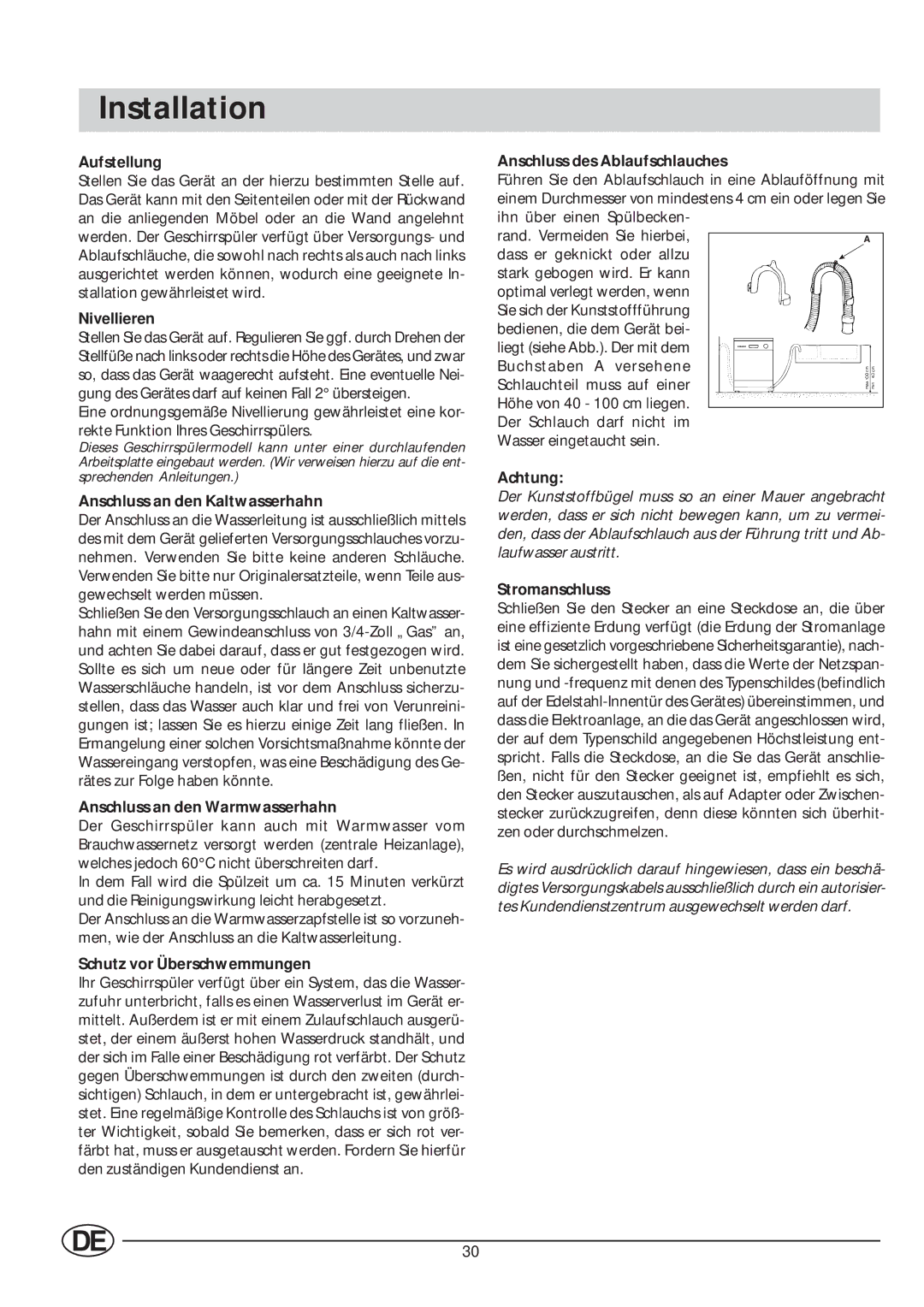 Indesit IDL 63 manual Aufstellung, Nivellieren, Anschluss an den Kaltwasserhahn, Anschluss an den Warmwasserhahn, Achtung 