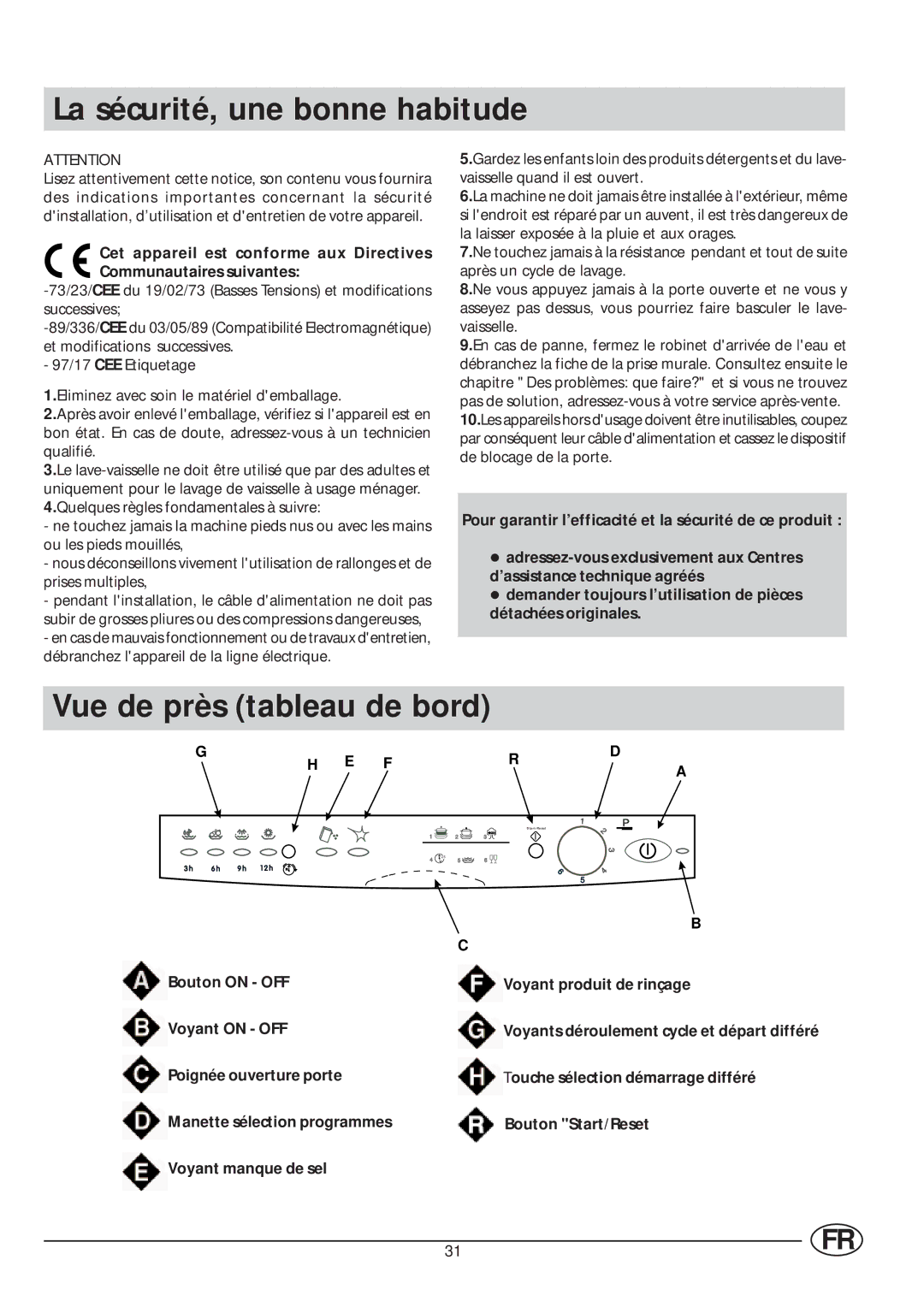 Indesit IDL 63 La sécurité, une bonne habitude, Vue de près tableau de bord, Voyants déroulement cycle et départ différé 