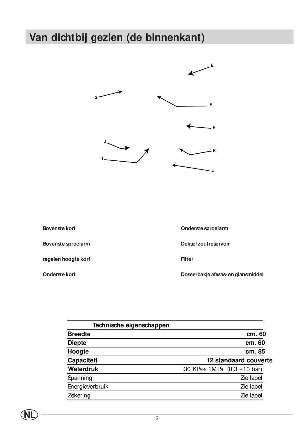 Indesit IDL 63 manual Van dichtbij gezien de binnenkant, Technische eigenschappen, Doseerbakje afwas- en glansmiddel 