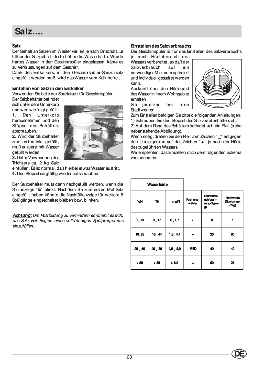 Indesit IDL 63 manual Einfüllen von Salz in den Entkalker, Einstellen des Salzverbrauchs 