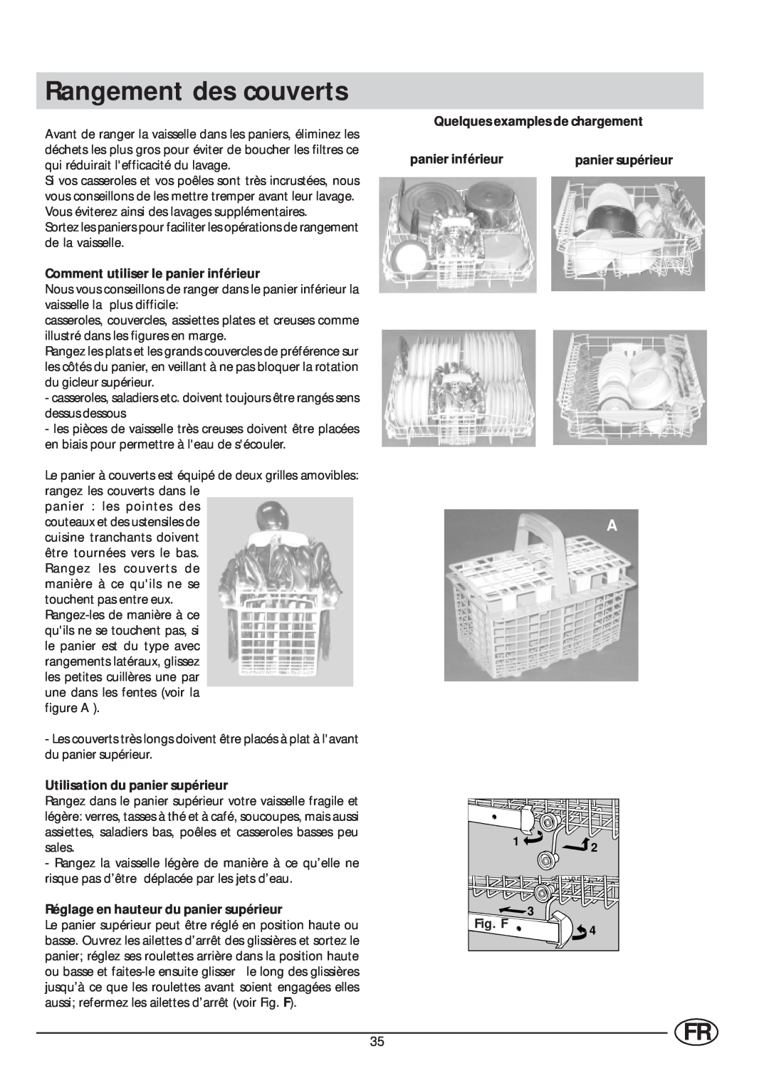 Indesit IDL 63 manual Rangement des couverts, Comment utiliser le panier inférieur, Quelques examples de chargement, Fig. F 