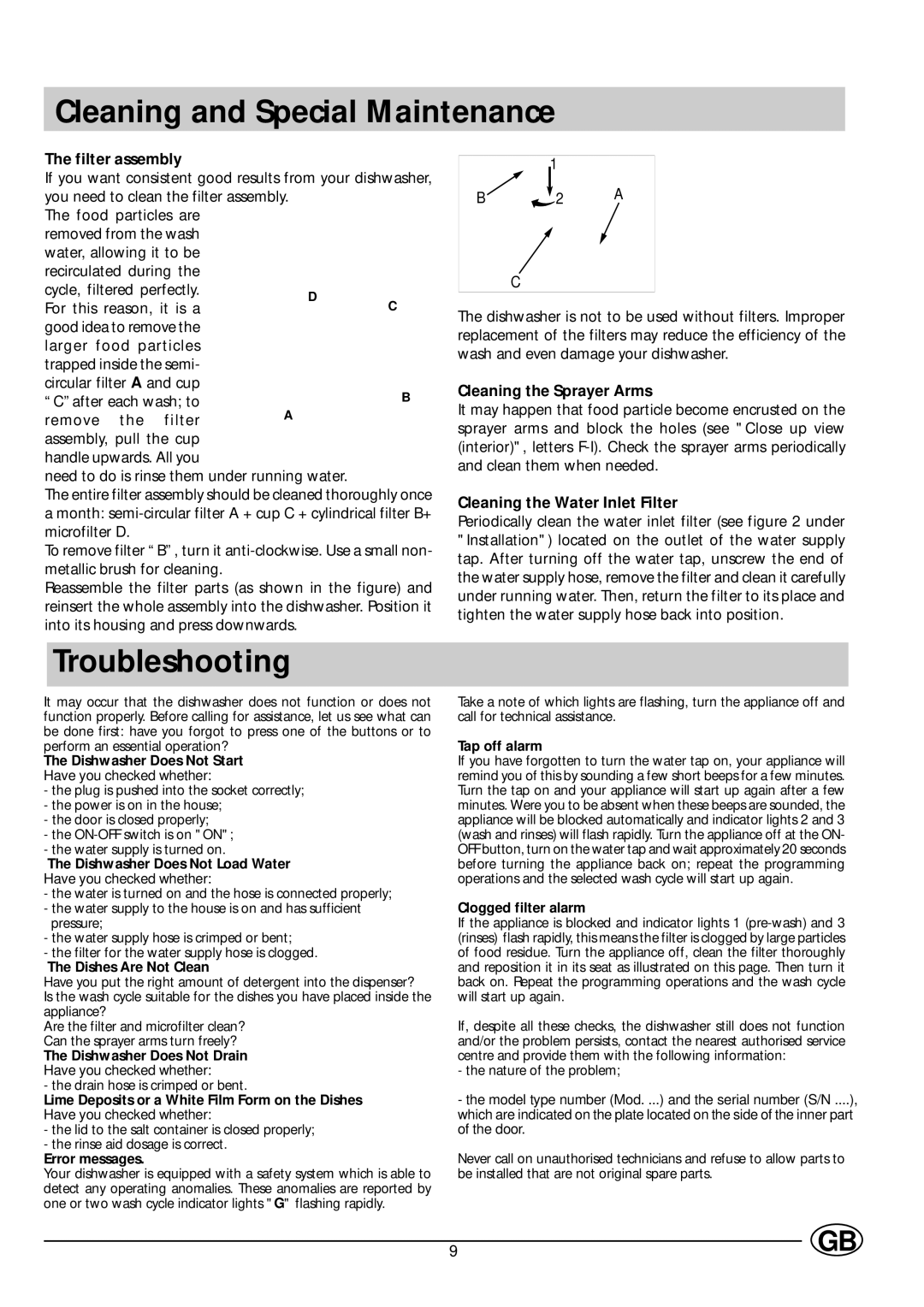 Indesit IDL 700, IDL 705 Cleaning and Special Maintenance, Troubleshooting, Filter assembly, Cleaning the Sprayer Arms 