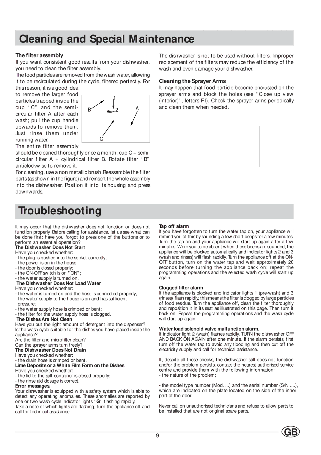 Indesit IDL 730, IDL 735 Cleaning and Special Maintenance, Troubleshooting, Filter assembly, Cleaning the Sprayer Arms 