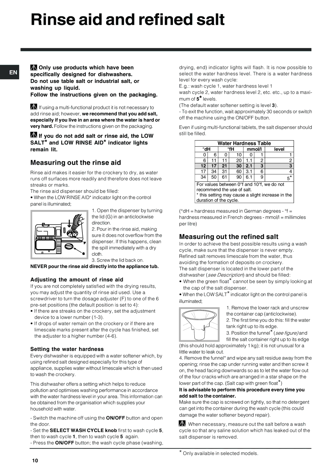 Indesit IDP 127 manual Rinse aid and refined salt, Measuring out the rinse aid, Measuring out the refined salt 