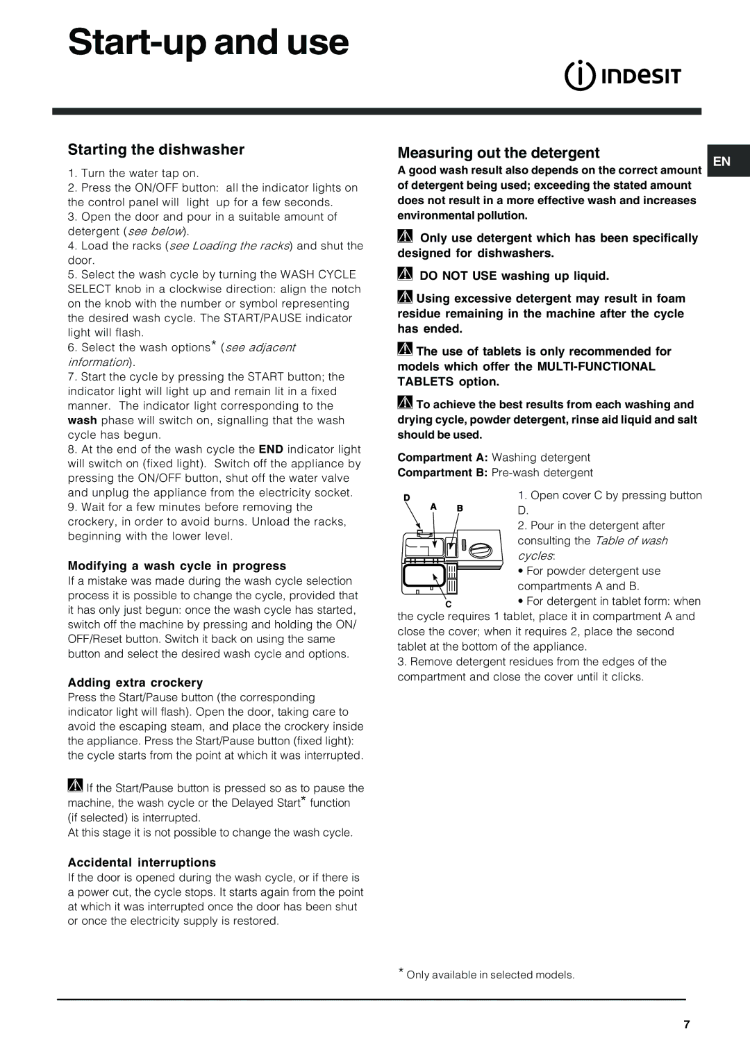 Indesit IDP 127 manual Start-up and use, Starting the dishwasher, Measuring out the detergent 