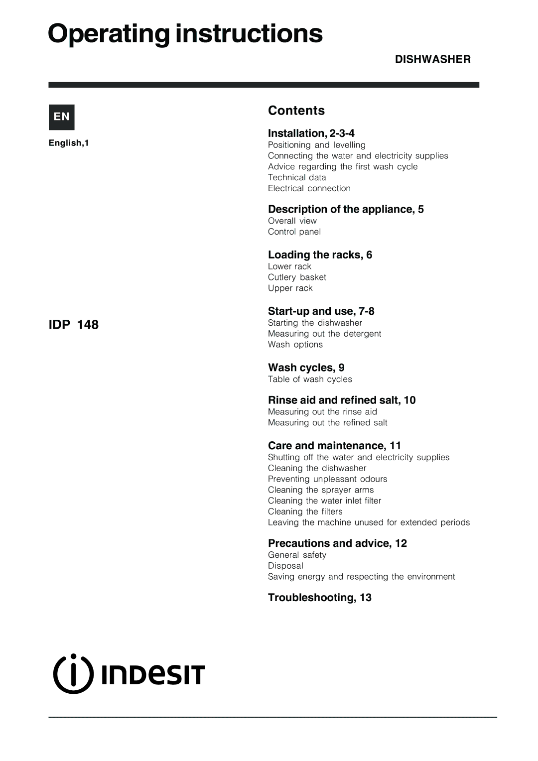 Indesit IDP 148 manual Operating instructions, Contents 