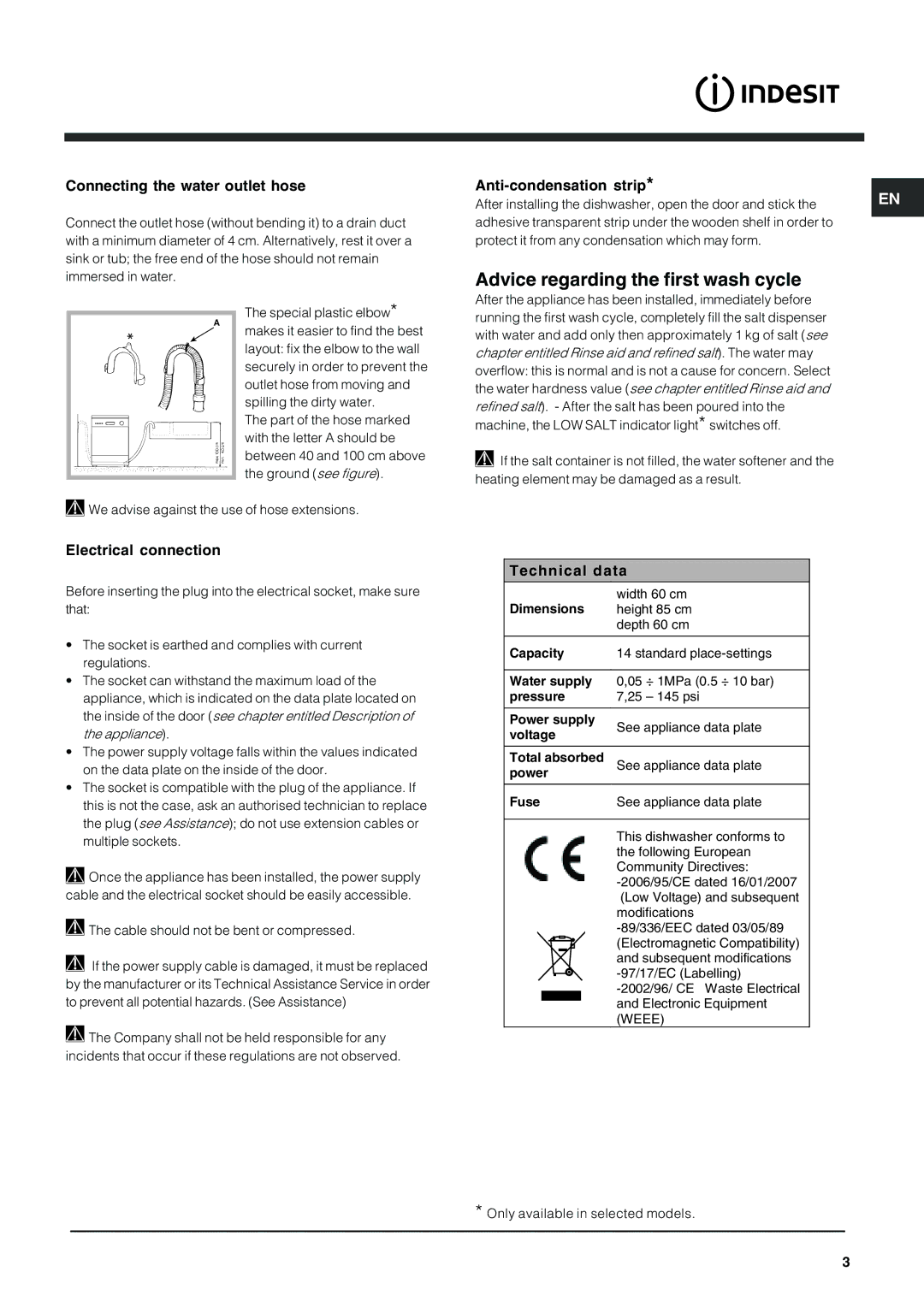 Indesit IDP 148 manual Advice regarding the first wash cycle, Connecting the water outlet hose, Anti-condensation strip 