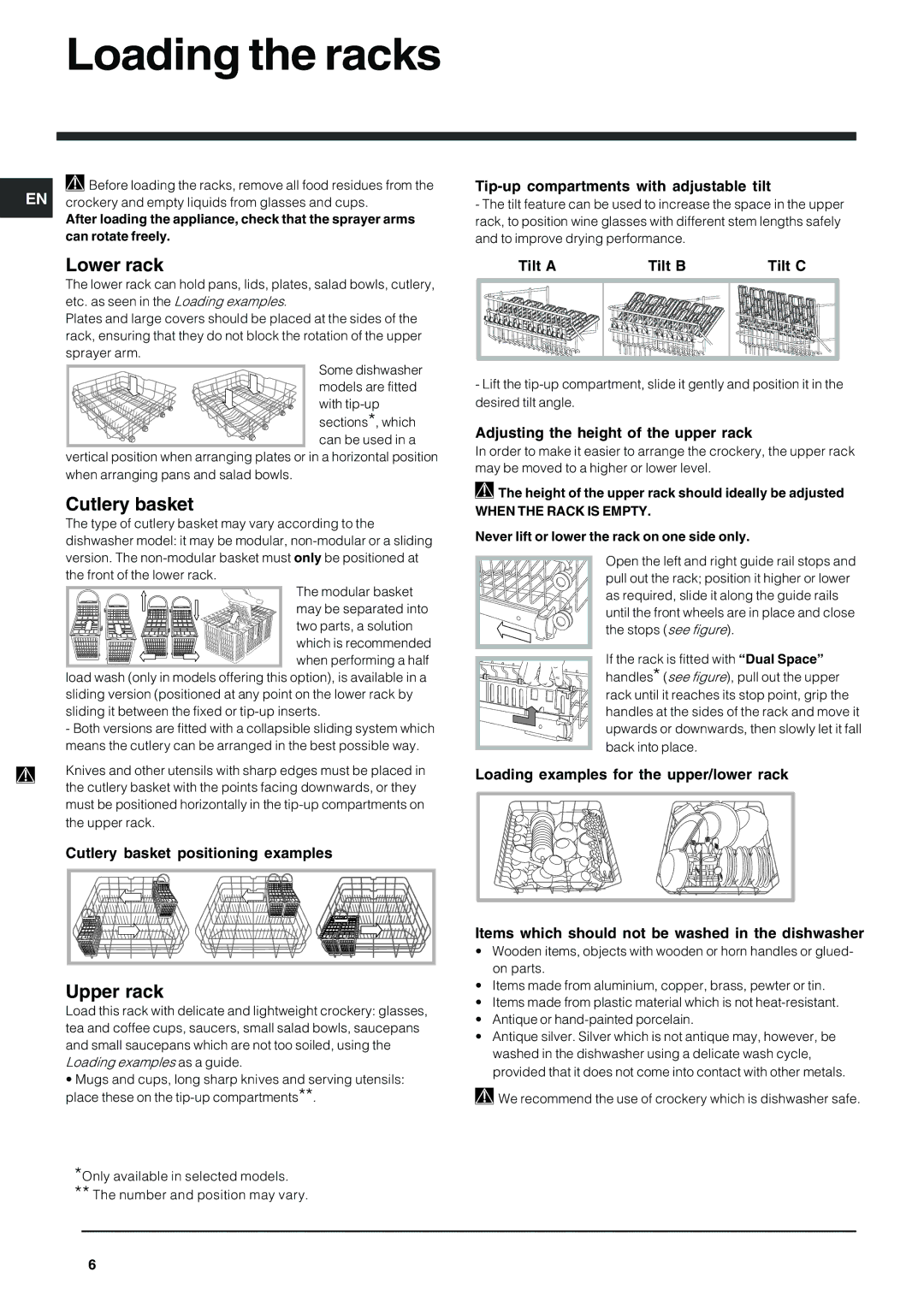 Indesit IDP 148 manual Loading the racks, Lower rack, Cutlery basket, Upper rack 