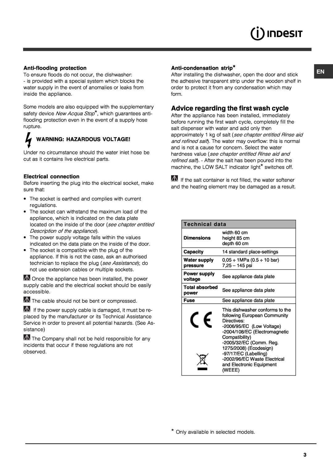 Indesit IDP-148 operating instructions Advice regarding the first wash cycle, Technical data 