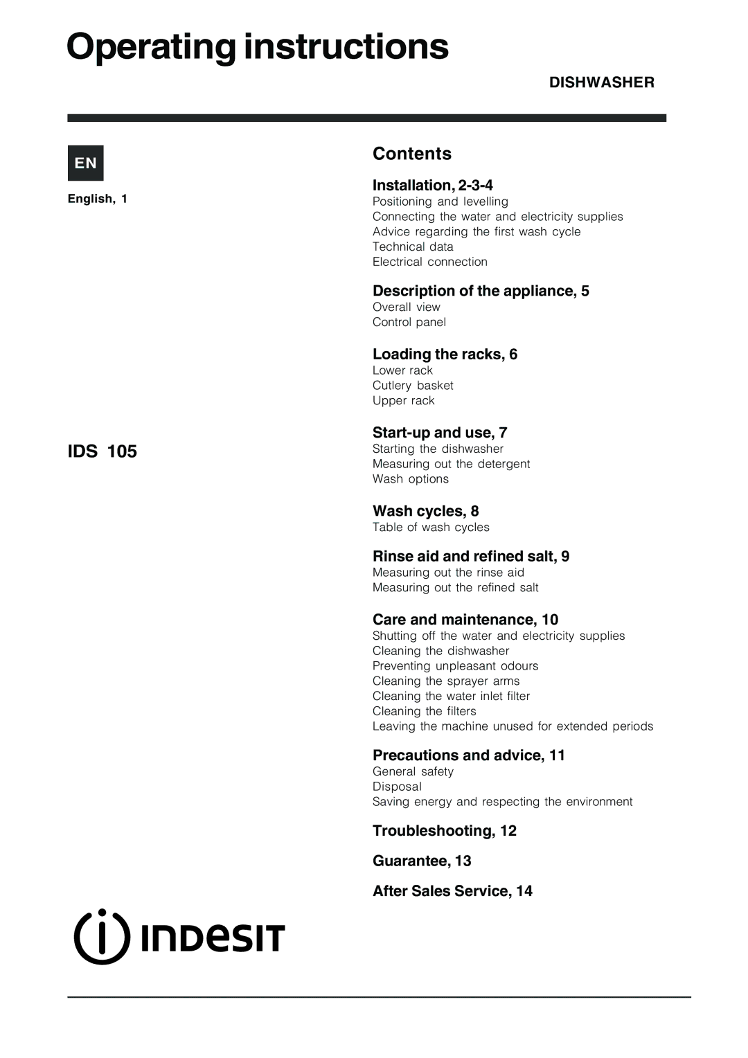 Indesit IDS 105 operating instructions Operating instructions, Contents 