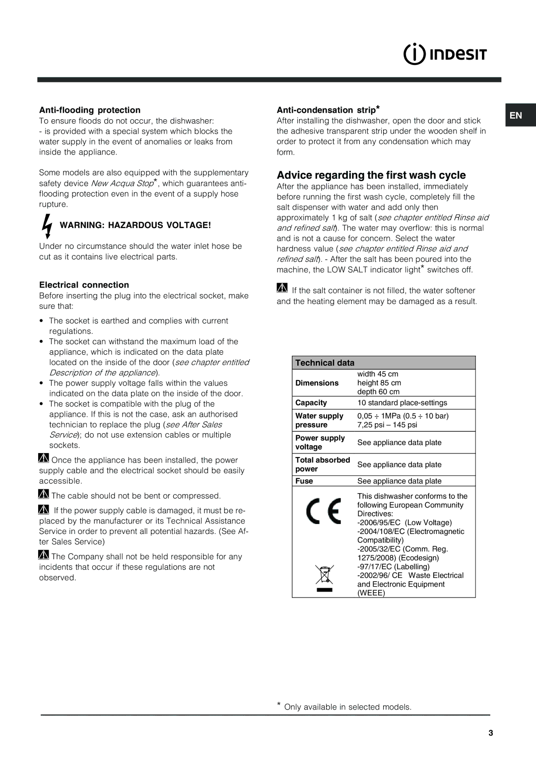 Indesit IDS 105 Advice regarding the first wash cycle, Anti-flooding protection, Anti-condensation strip 