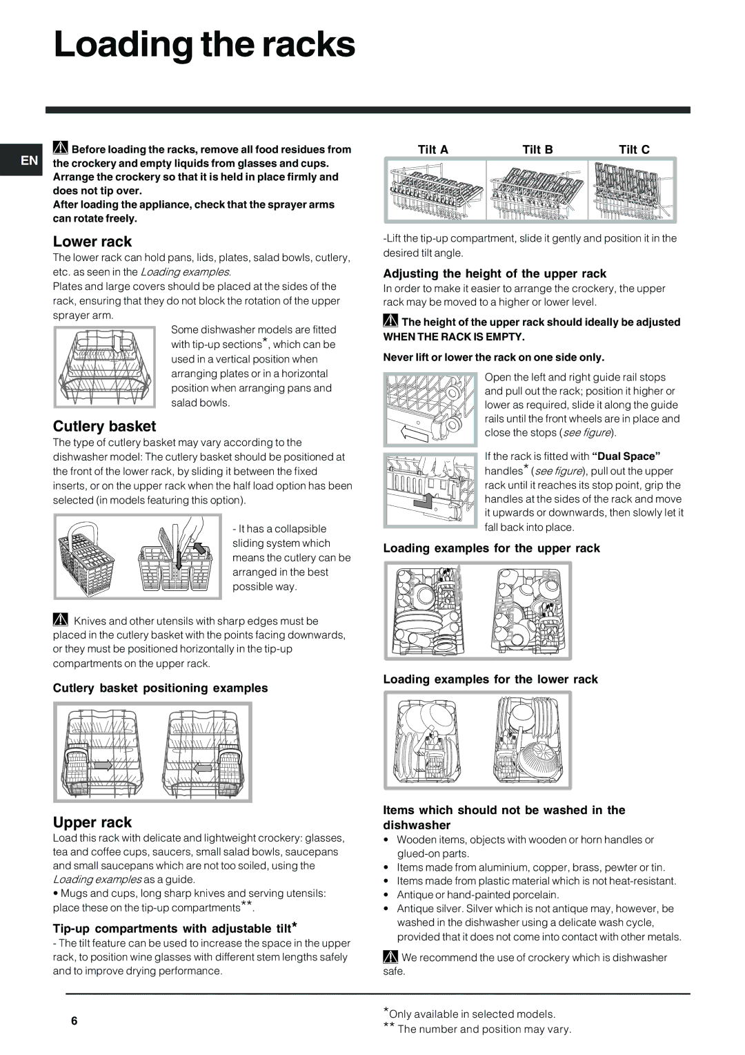 Indesit IDS 105 operating instructions Loading the racks, Lower rack, Cutlery basket, Upper rack 