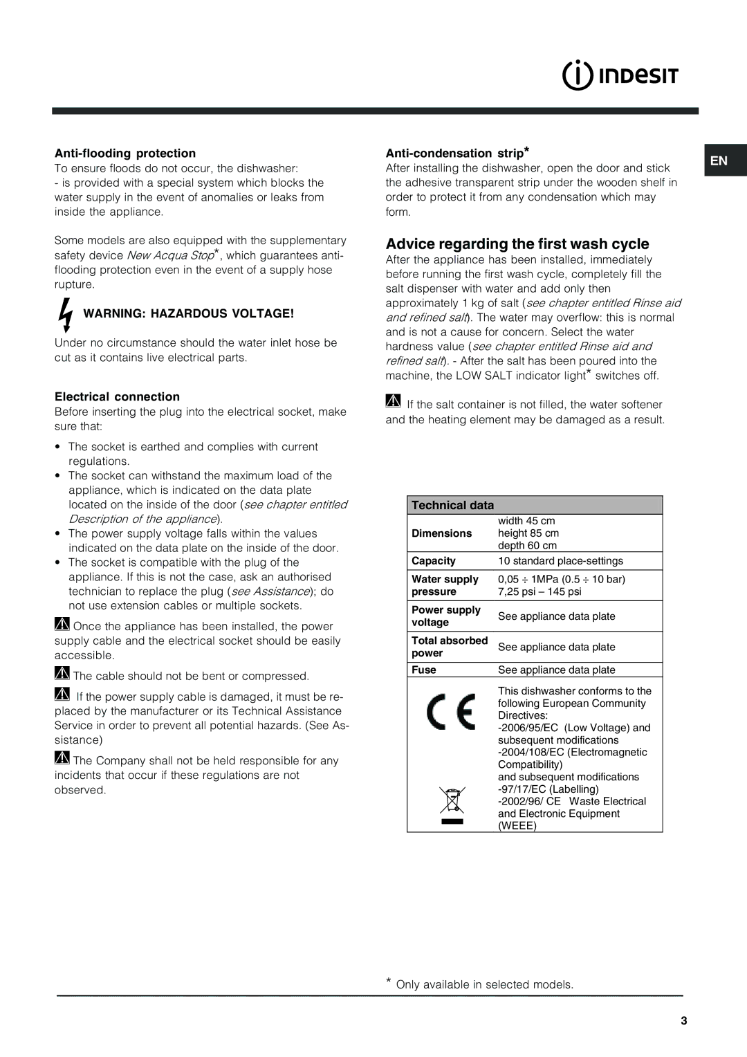 Indesit IDS 105 manual Advice regarding the first wash cycle, Anti-flooding protection, Anti-condensation strip 