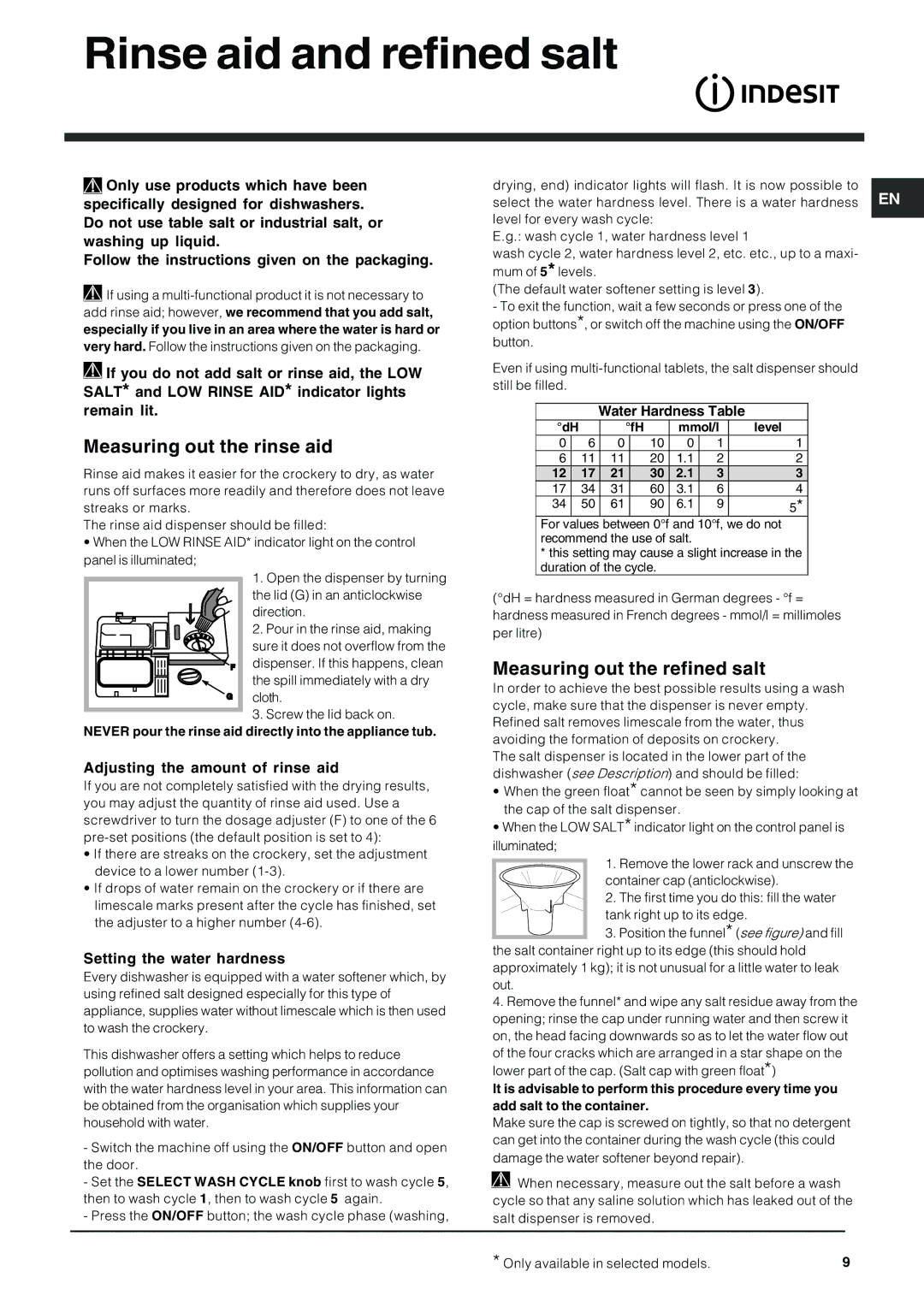 Indesit IDS 105 manual Rinse aid and refined salt, Measuring out the rinse aid, Measuring out the refined salt 