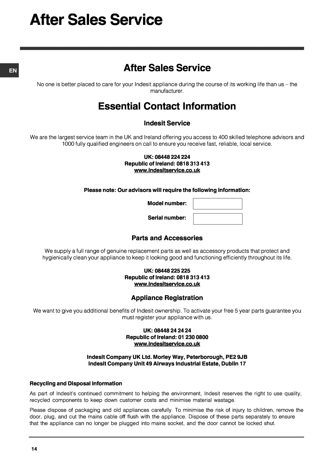 Indesit IDS 105 operating instructions After Sales Service, Essential Contact Information 