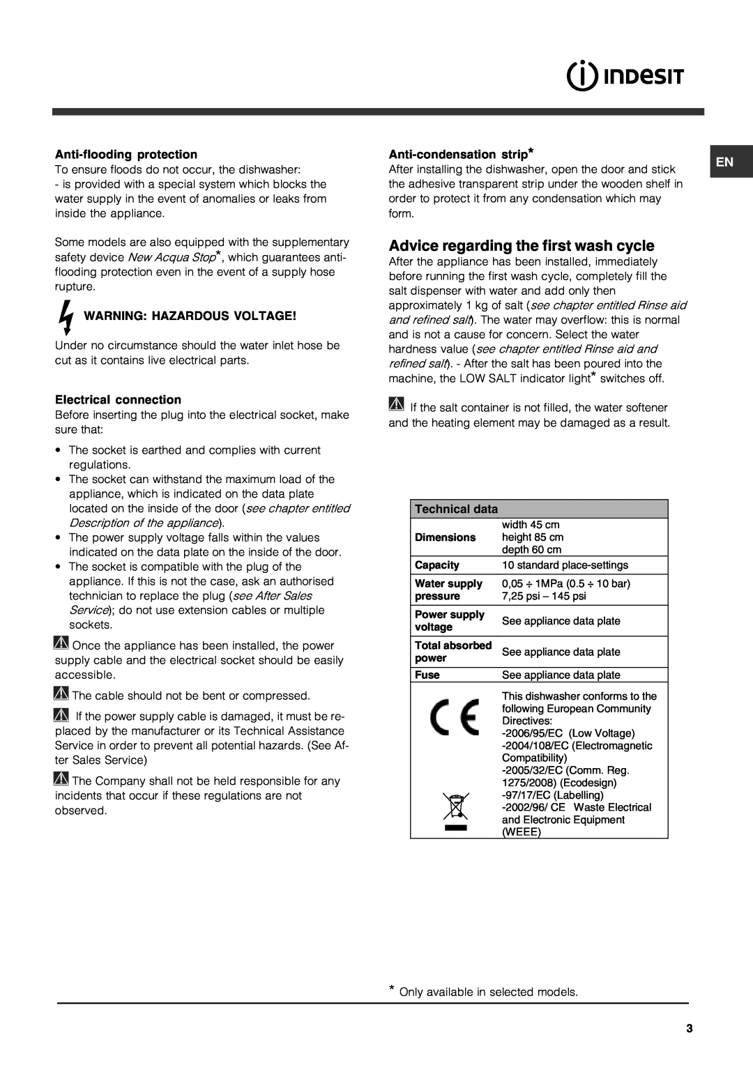 Indesit IDS 105 operating instructions Advice regarding the first wash cycle, Technical data 