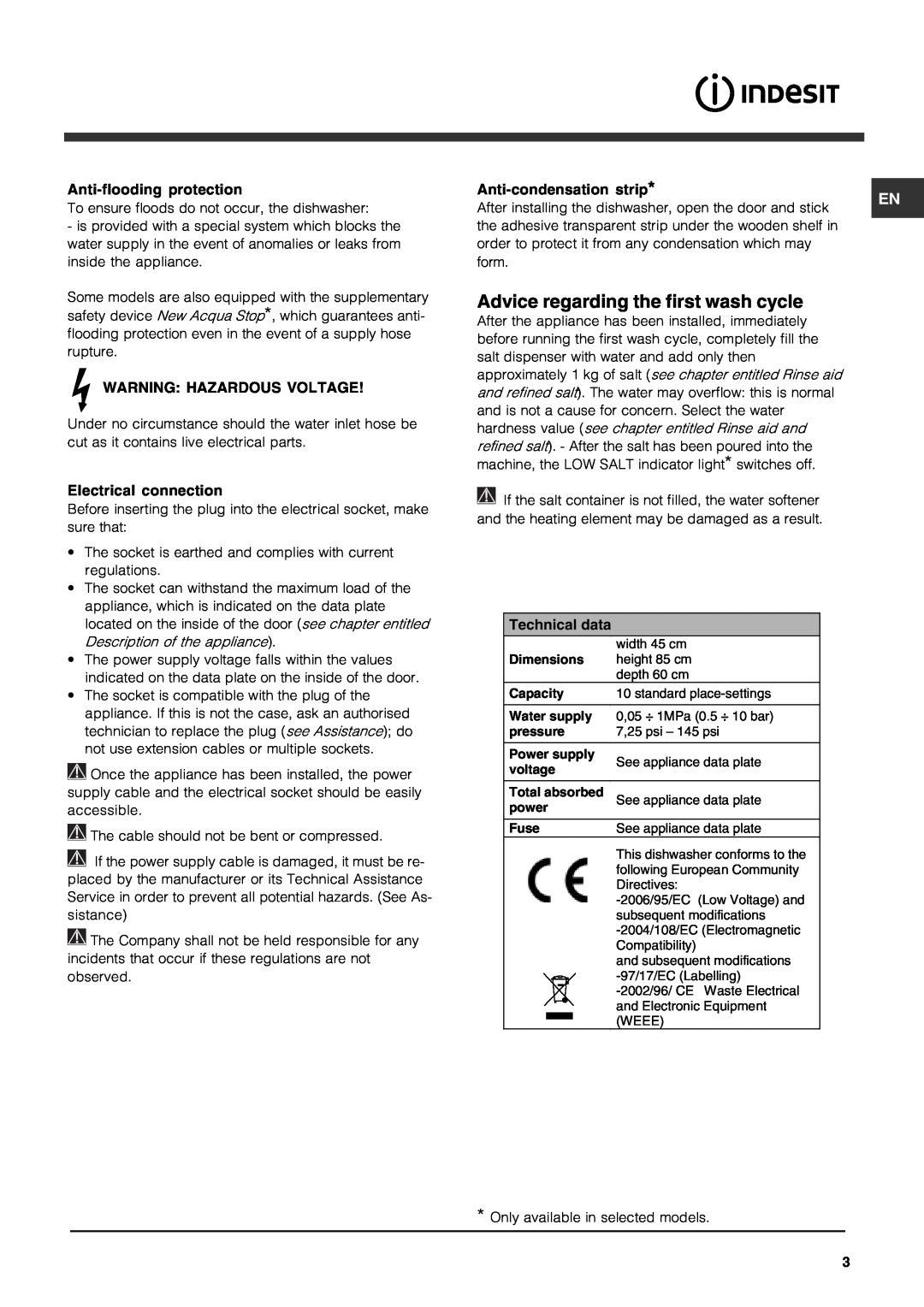 Indesit IDS 105 manual Advice regarding the first wash cycle, Technical data 