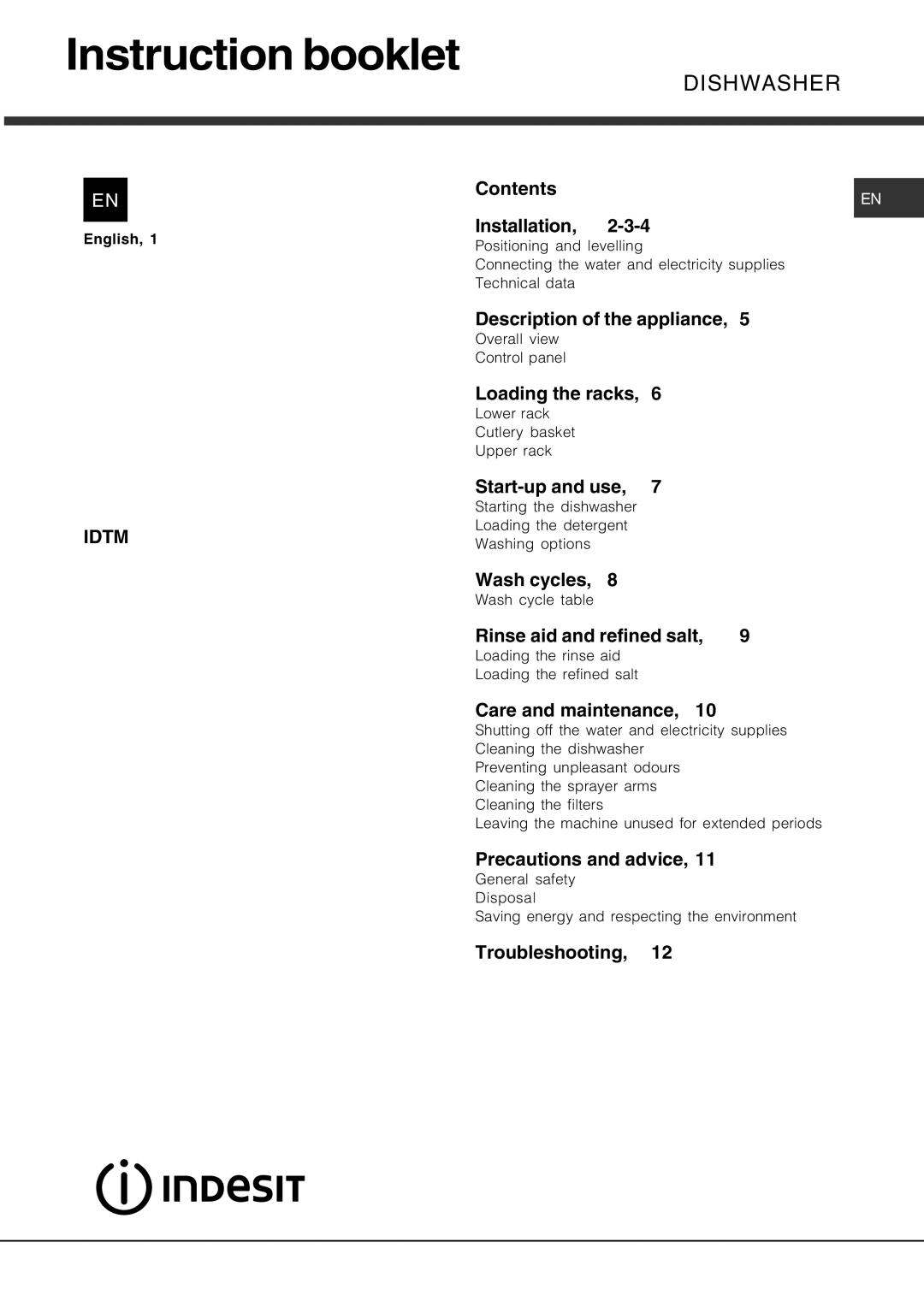 Indesit IDTM manual Instruction booklet 