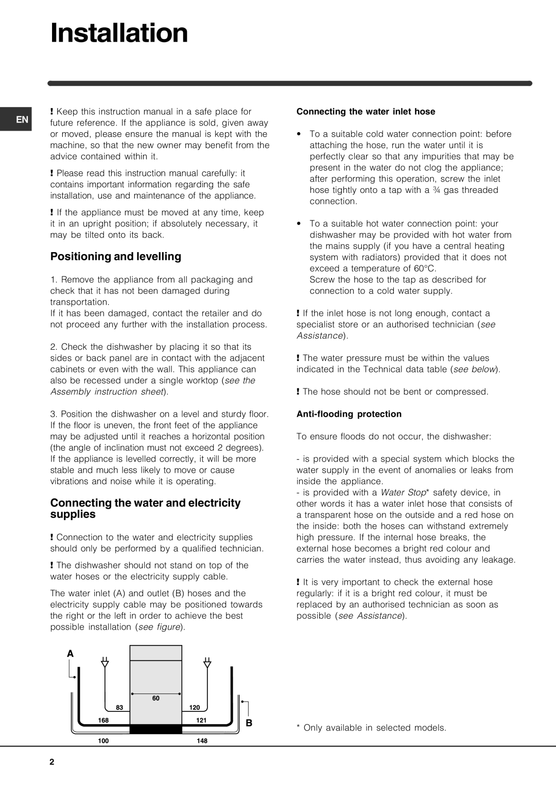 Indesit IDTM manual Installation, Positioning and levelling, Connecting the water and electricity, Supplies 