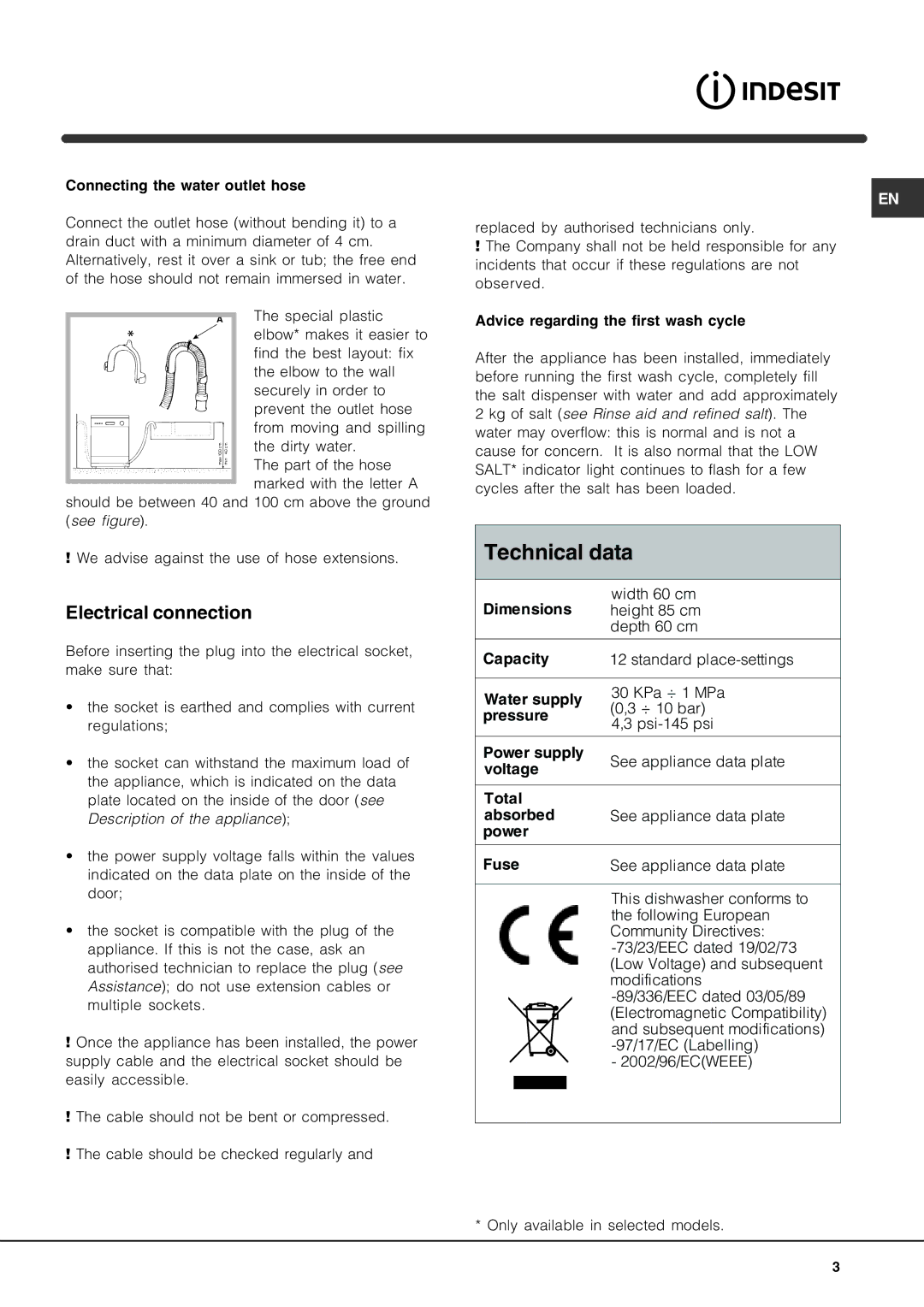 Indesit IDTM manual Technical data, Electrical connection 