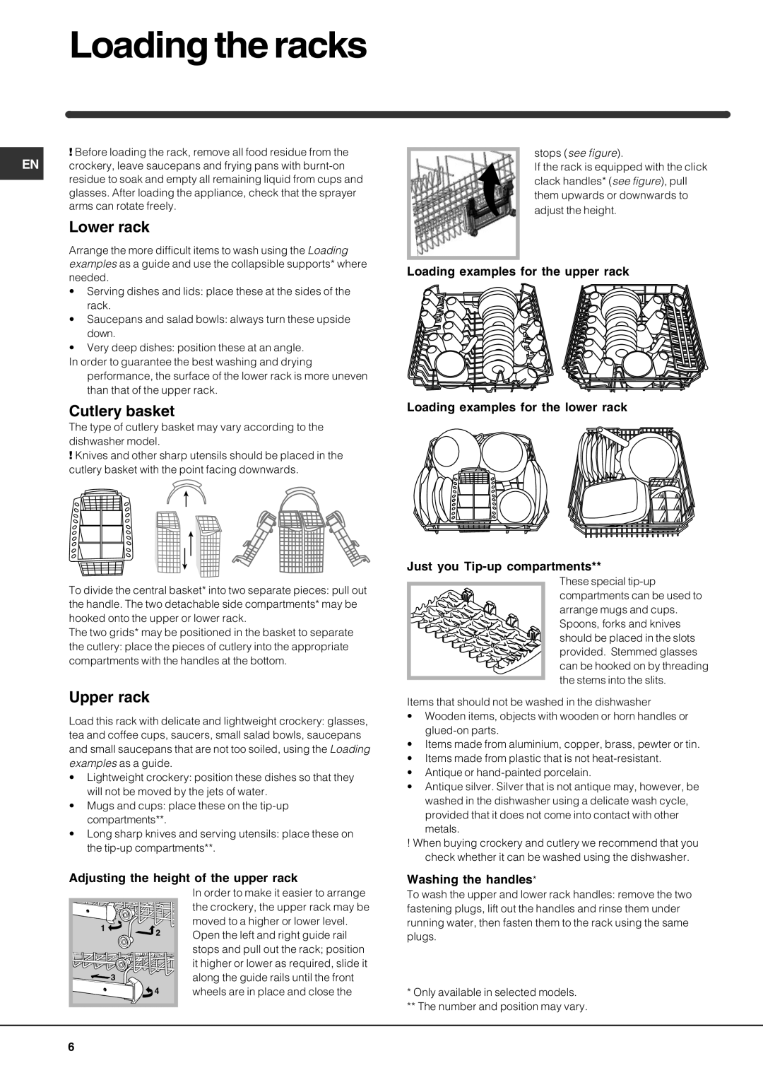 Indesit IDTM manual Loading the racks, Lower rack, Cutlery basket, Upper rack 