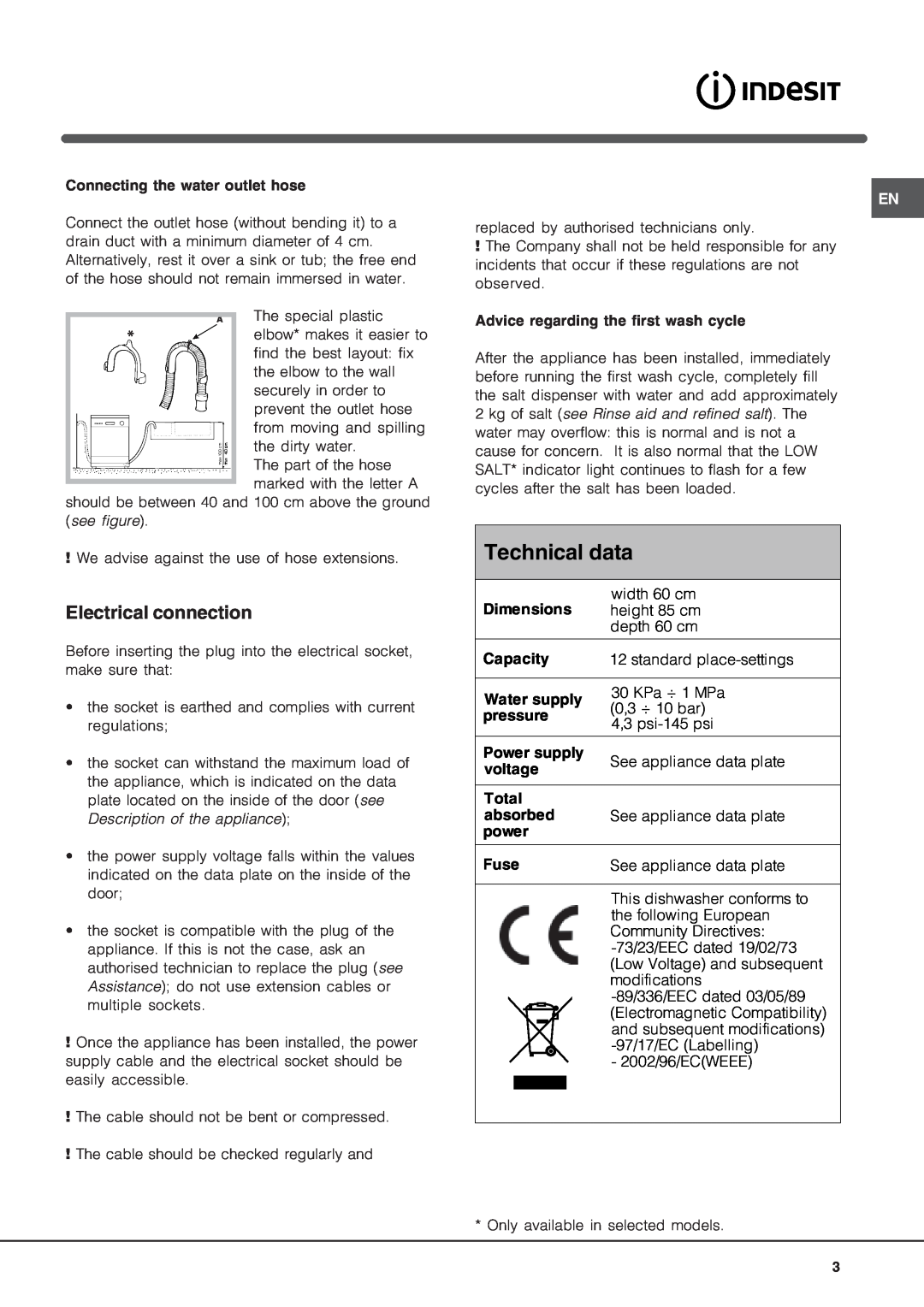 Indesit IDTM manual Technical data, Electrical connection 