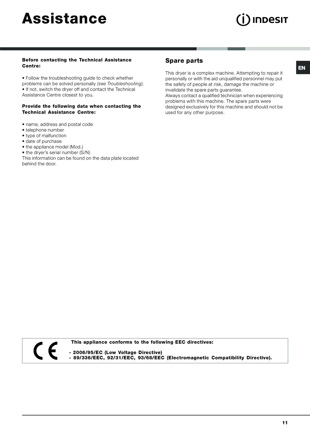 Indesit IDV 65 S instruction manual Spare parts, Before contacting the Technical Assistance Centre 