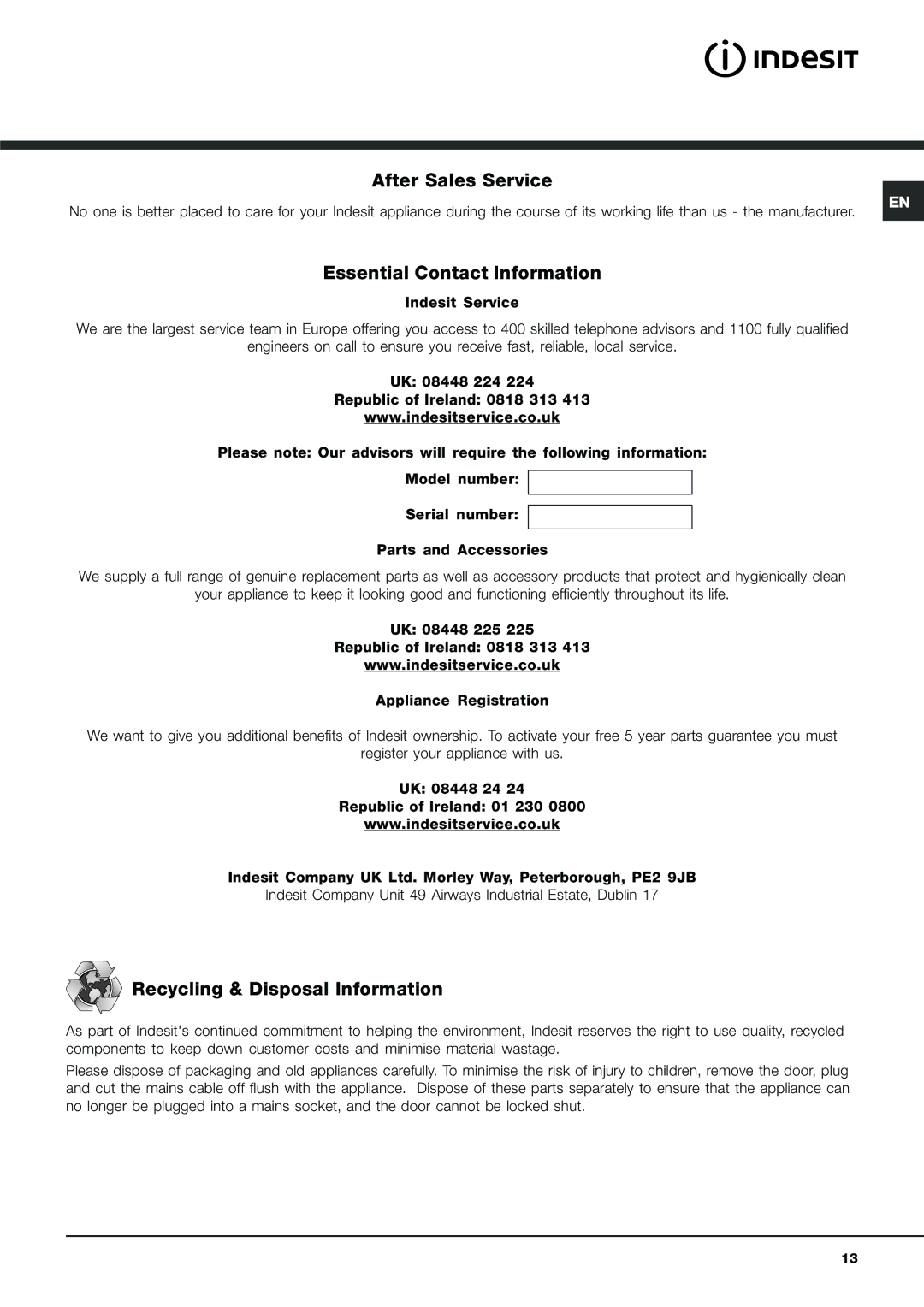 Indesit IDV 65 S instruction manual After Sales Service, Essential Contact Information, Recycling & Disposal Information 